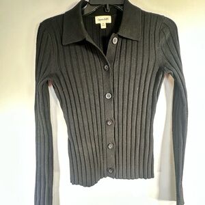 Open Edit Black Ribbed Button-Up Sweater